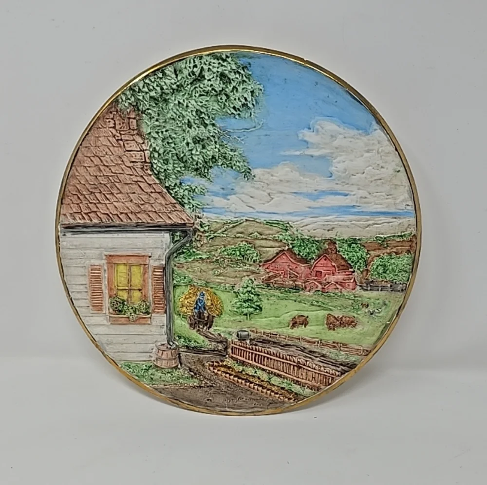 Vtg byron molds plate 1980 raised‎ ceramic pottery wall hanging hand painted